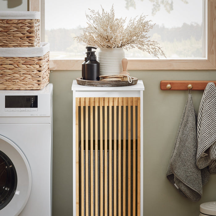 Mobile Lavanderia Con Sacco Portabiancheria Pieghevole Cassettiera Portabiancheria Mobiletto Bagno Bianco-Naturale, 32x33x85cm BZR126-W SoBuy