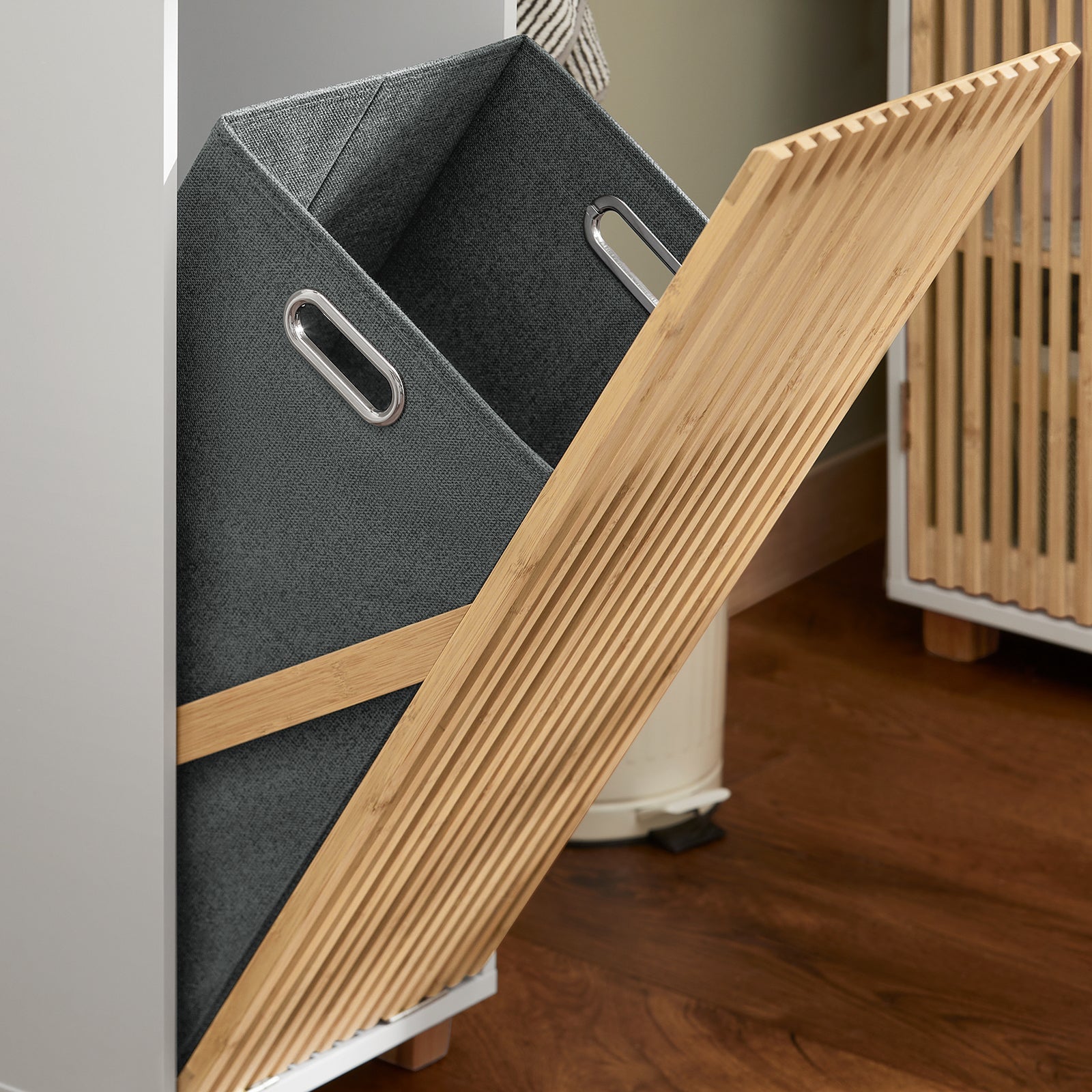 Mobile Lavanderia Con Sacco Portabiancheria Pieghevole Cassettiera Portabiancheria Mobiletto Bagno Bianco-Naturale, 32x33x85cm BZR126-W SoBuy