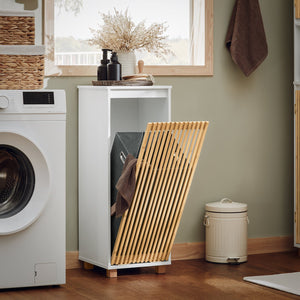 Mobile Lavanderia Con Sacco Portabiancheria Pieghevole Cassettiera Portabiancheria Mobiletto Bagno Bianco-Naturale, 32x33x85cm BZR126-W SoBuy