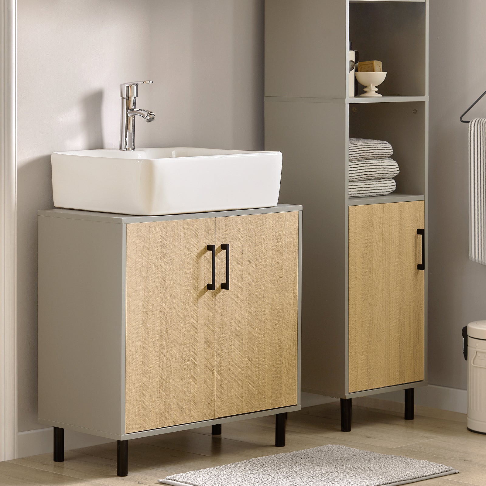 Mobile Sottolavabo Con 2 Ante Mobile Bagno Mobile Lavabo Grigio E Naturale 60x30x60.5cm BZR133-NG