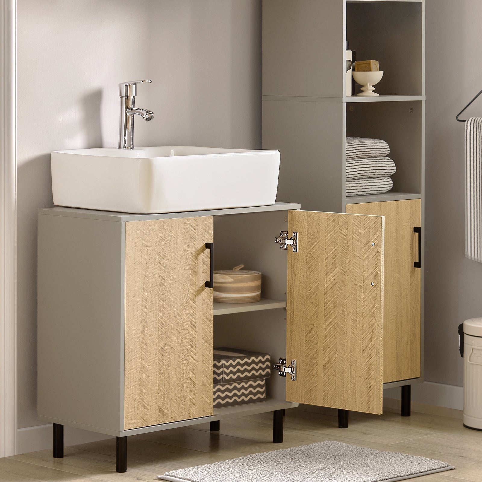 Mobile Sottolavabo Con 2 Ante Mobile Bagno Mobile Lavabo Grigio E Naturale 60x30x60.5cm BZR133-NG