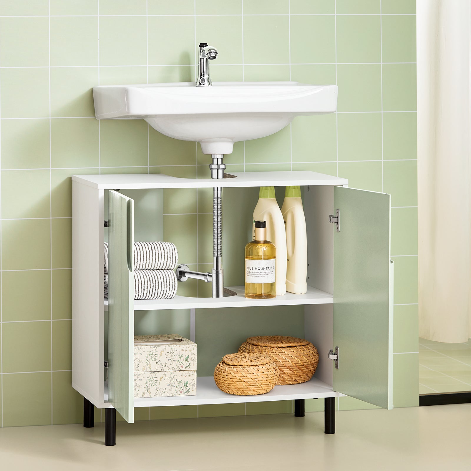 SoBuy Mobile sottolavabo Mobile bagno con Armadietto a 2 Ante e 2 Ripiani, Mobiletto Bagno Salvaspazio in Legno Verde 60x30x60cm BZR139-GR