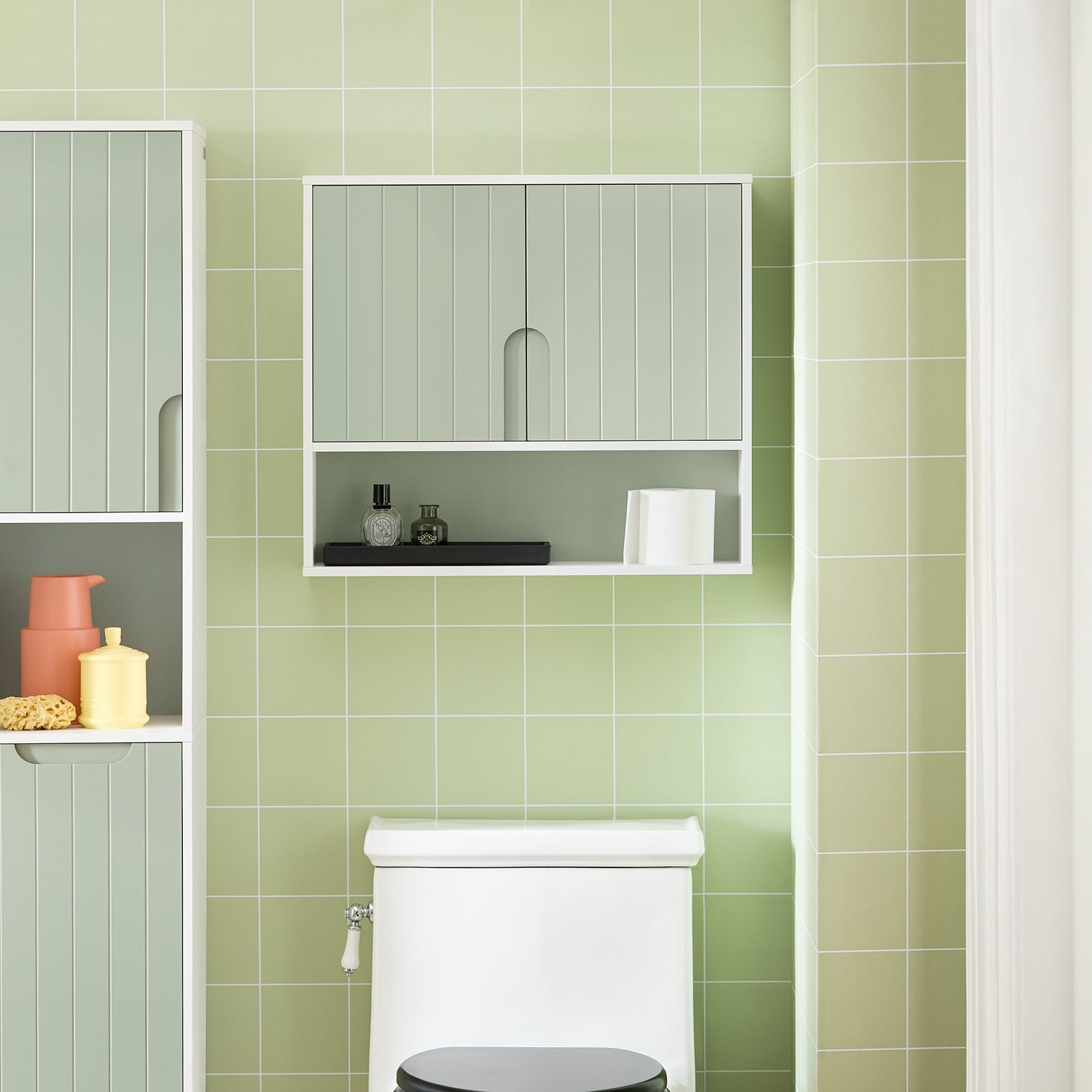 Mobiletto Bagno Da Parete Pensile Bagno Pensile Cucina Con 3 Ripiani E 2 Ante Verde 60x15x54cm BZR140-GR