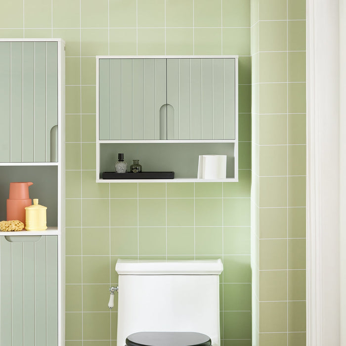 Mobiletto Bagno Da Parete Pensile Bagno Pensile Cucina Con 3 Ripiani E 2 Ante Verde 60x15x54cm BZR140-GR