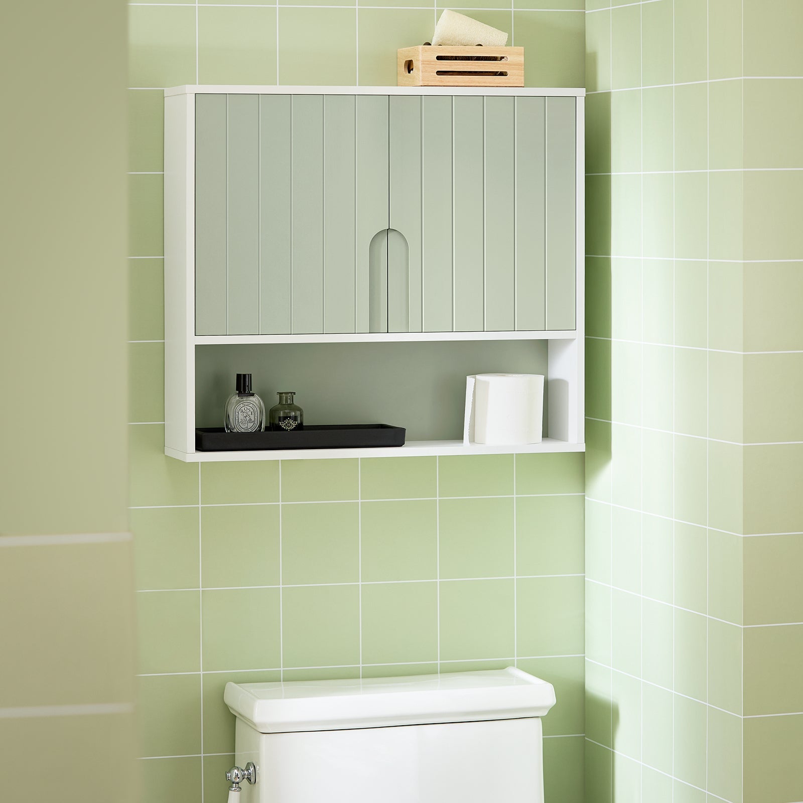 Mobiletto Bagno Da Parete Pensile Bagno Pensile Cucina Con 3 Ripiani E 2 Ante Verde 60x15x54cm BZR140-GR