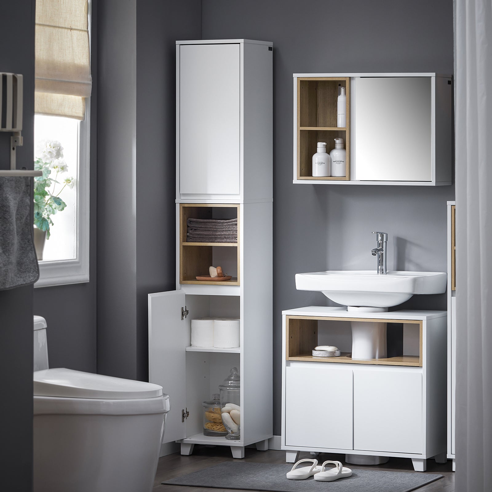 Mobile a colonna bagno salvaspazio Mobile alto con 2 ante Mobile bagno stretto 30x30x170cm Bianco BZR147-W