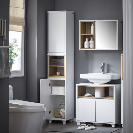 Mobile a colonna bagno salvaspazio Mobile alto con 2 ante Mobile bagno stretto 30x30x170cm Bianco BZR147-W