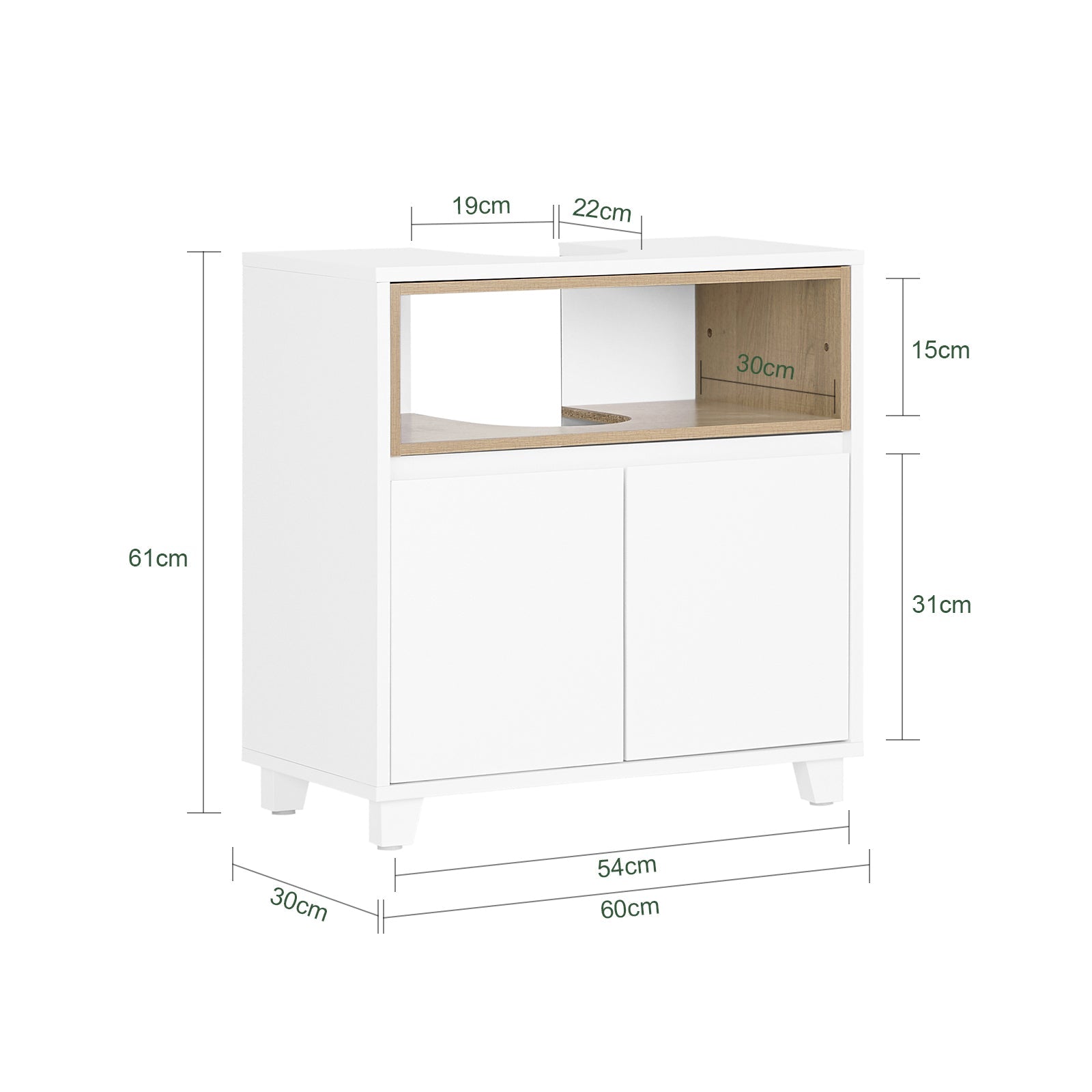 Mobile sottolavabo con 2 ante senza lavandino Mobiletto per lavandino bagno 60x30x61cm Bianco BZR148-W