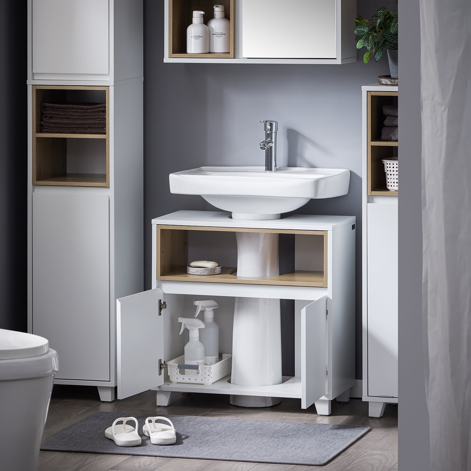 Mobile sottolavabo con 2 ante senza lavandino Mobiletto per lavandino bagno 60x30x61cm Bianco BZR148-W