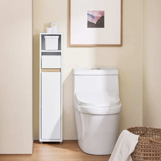 SoBuy BZR151-W Mobile da Bagno per Spazi Stretti - Mobiletto Salvaspazio con Ripiano Regolabile e Cassetto, per Soggiorno e Entrada - Compatto Armadietto Bagno in Legno, Bianco, 20 x 20 x 96 cm