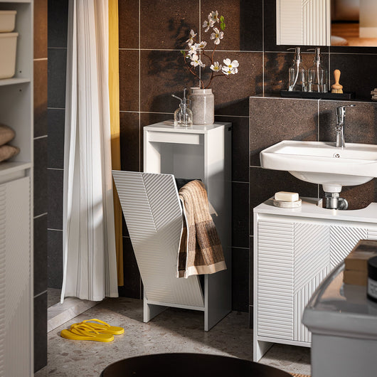 Portabiancheria Bianco per Bagno, Mobiletto Salvaspazio con Cesto per Biancheria, 30x30x87cm BZR154-W