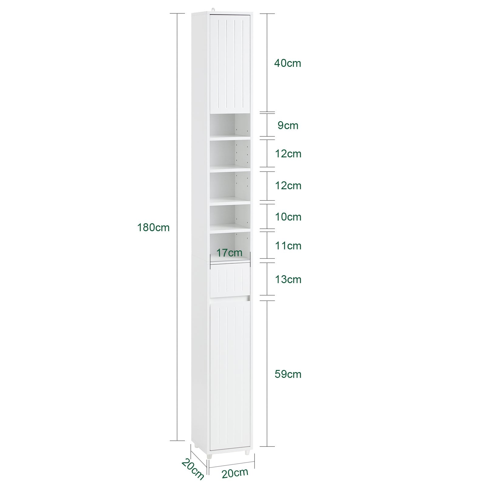 Armadio Colonna bagno, Mobile bagno alto con 2 Ante e 1 cassetto Bianco 20x20x180 BZR160-W