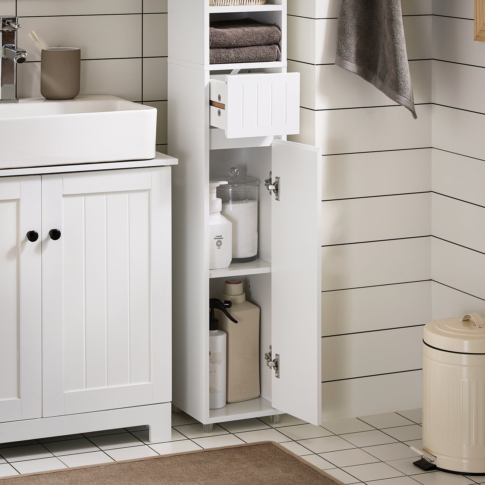 Armadio Colonna bagno, Mobile bagno alto con 2 Ante e 1 cassetto Bianco 20x20x180 BZR160-W
