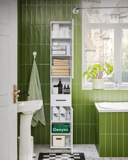 Mobile alto con 2 ante e 6 scomparti Mobile portaoggetti per bagno Mobiletto da bagno con scomparti aperti Bianco 30x31x182cm BZR166-W