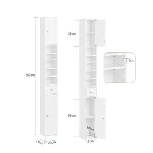 SoBuy Armadio colonna bagno, Mobile alto con 2 Ante e 1 cassetto, Mobiletto salvaspazio per Bagno, Lavanderia, WC o Cucina 20x20x180 Bianco Lucido BZR167-GW