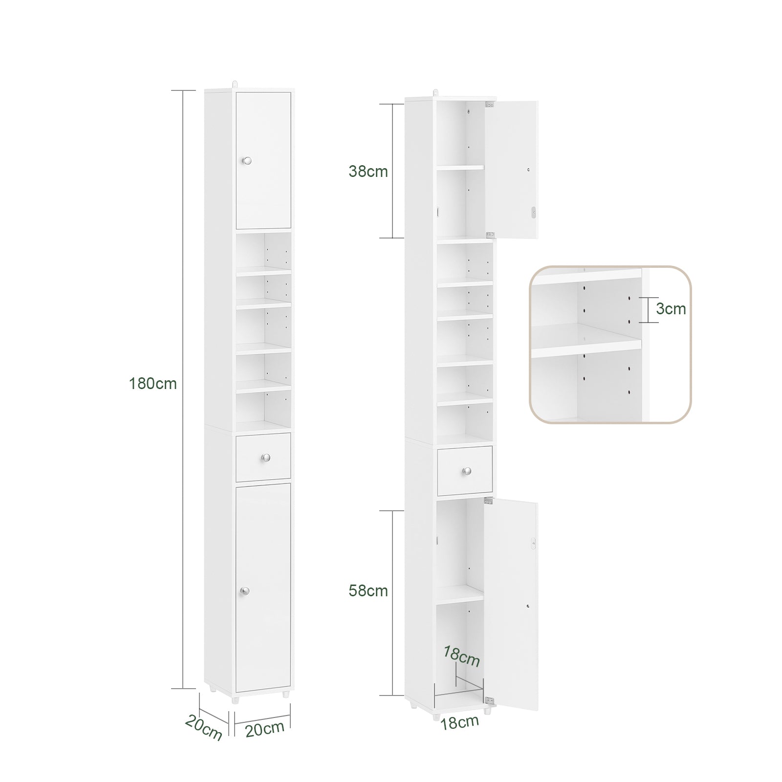 SoBuy Armadio colonna bagno, Mobile alto con 2 Ante e 1 cassetto, Mobiletto salvaspazio per Bagno, Lavanderia, WC o Cucina 20x20x180 Bianco Lucido BZR167-GW