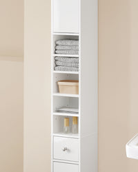 SoBuy Armadio colonna bagno, Mobile alto con 2 Ante e 1 cassetto, Mobiletto salvaspazio per Bagno, Lavanderia, WC o Cucina 20x20x180 Bianco Lucido BZR167-GW