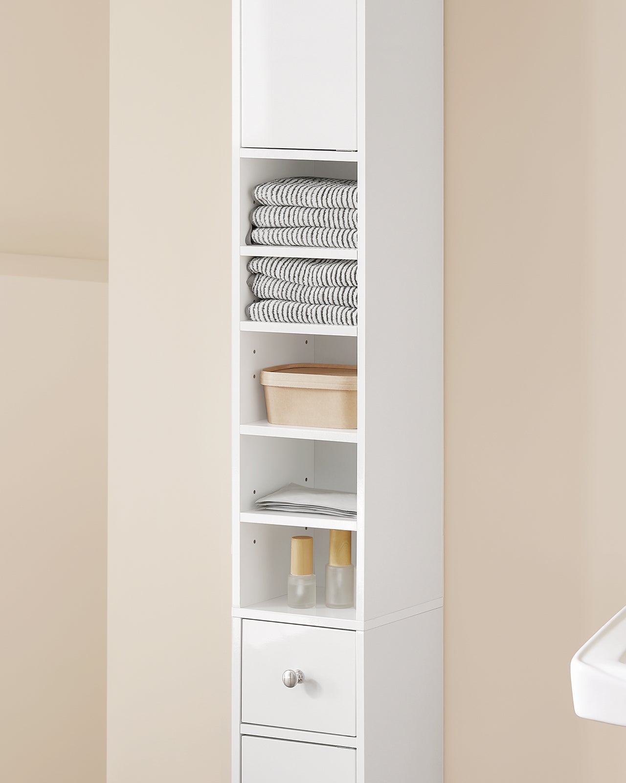 SoBuy Armadio colonna bagno, Mobile alto con 2 Ante e 1 cassetto, Mobiletto salvaspazio per Bagno, Lavanderia, WC o Cucina 20x20x180 Bianco Lucido BZR167-GW