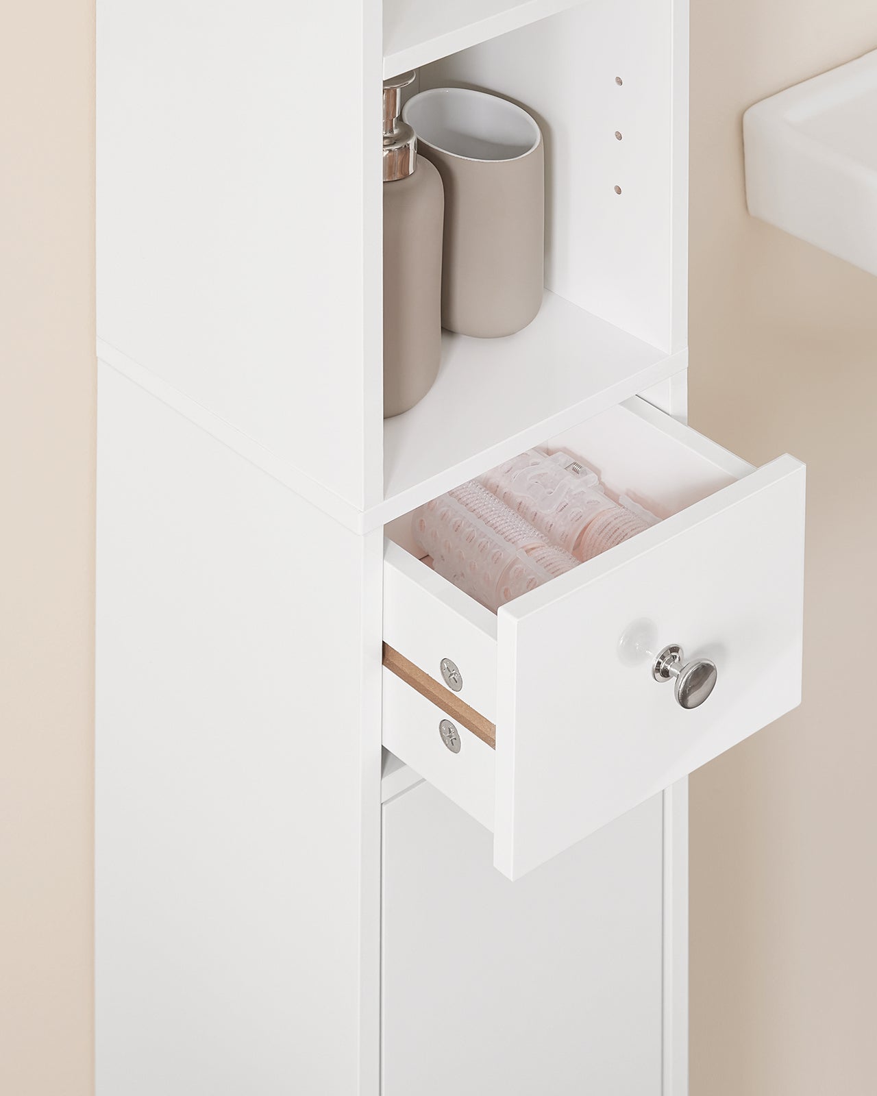 SoBuy Armadio colonna bagno, Mobile alto con 2 Ante e 1 cassetto, Mobiletto salvaspazio per Bagno, Lavanderia, WC o Cucina 20x20x180 Bianco Lucido BZR167-GW