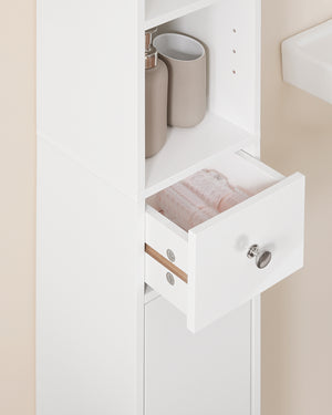 SoBuy Armadio colonna bagno, Mobile alto con 2 Ante e 1 cassetto, Mobiletto salvaspazio per Bagno, Lavanderia, WC o Cucina 20x20x180 Bianco Lucido BZR167-GW