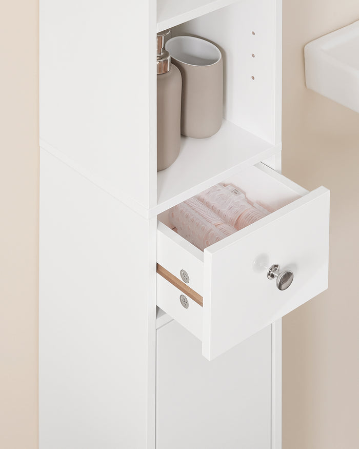 SoBuy Armadio colonna bagno, Mobile alto con 2 Ante e 1 cassetto, Mobiletto salvaspazio per Bagno, Lavanderia, WC o Cucina 20x20x180 Bianco Lucido BZR167-GW