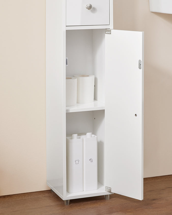 SoBuy Armadio colonna bagno, Mobile alto con 2 Ante e 1 cassetto, Mobiletto salvaspazio per Bagno, Lavanderia, WC o Cucina 20x20x180 Bianco Lucido BZR167-GW