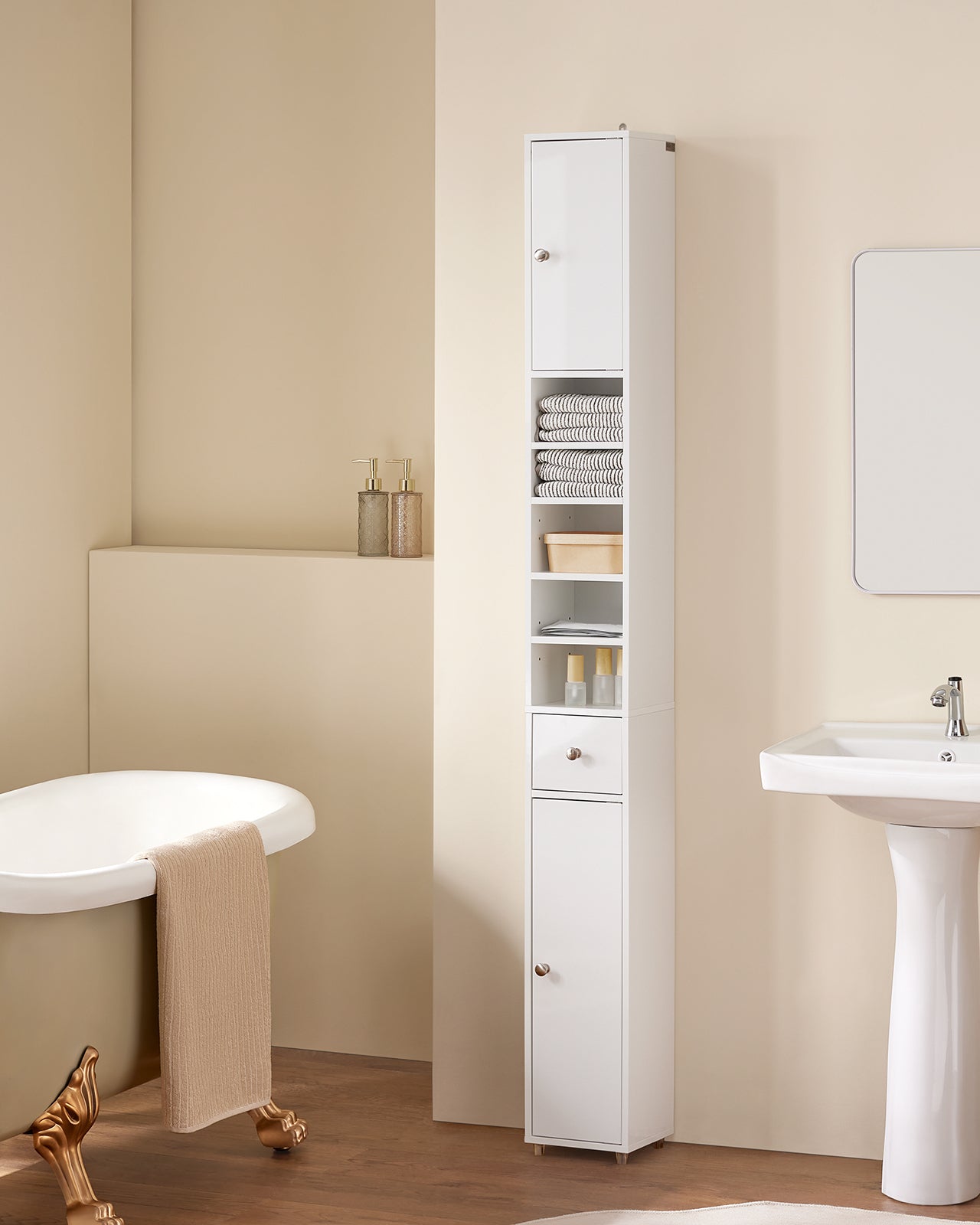 SoBuy Armadio colonna bagno, Mobile alto con 2 Ante e 1 cassetto, Mobiletto salvaspazio per Bagno, Lavanderia, WC o Cucina 20x20x180 Bianco Lucido BZR167-GW