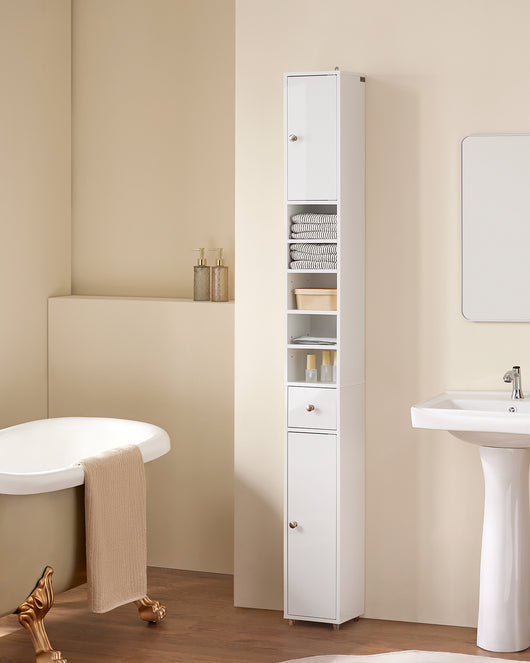 SoBuy Armadio colonna bagno, Mobile alto con 2 Ante e 1 cassetto, Mobiletto salvaspazio per Bagno, Lavanderia, WC o Cucina 20x20x180 Bianco Lucido BZR167-GW