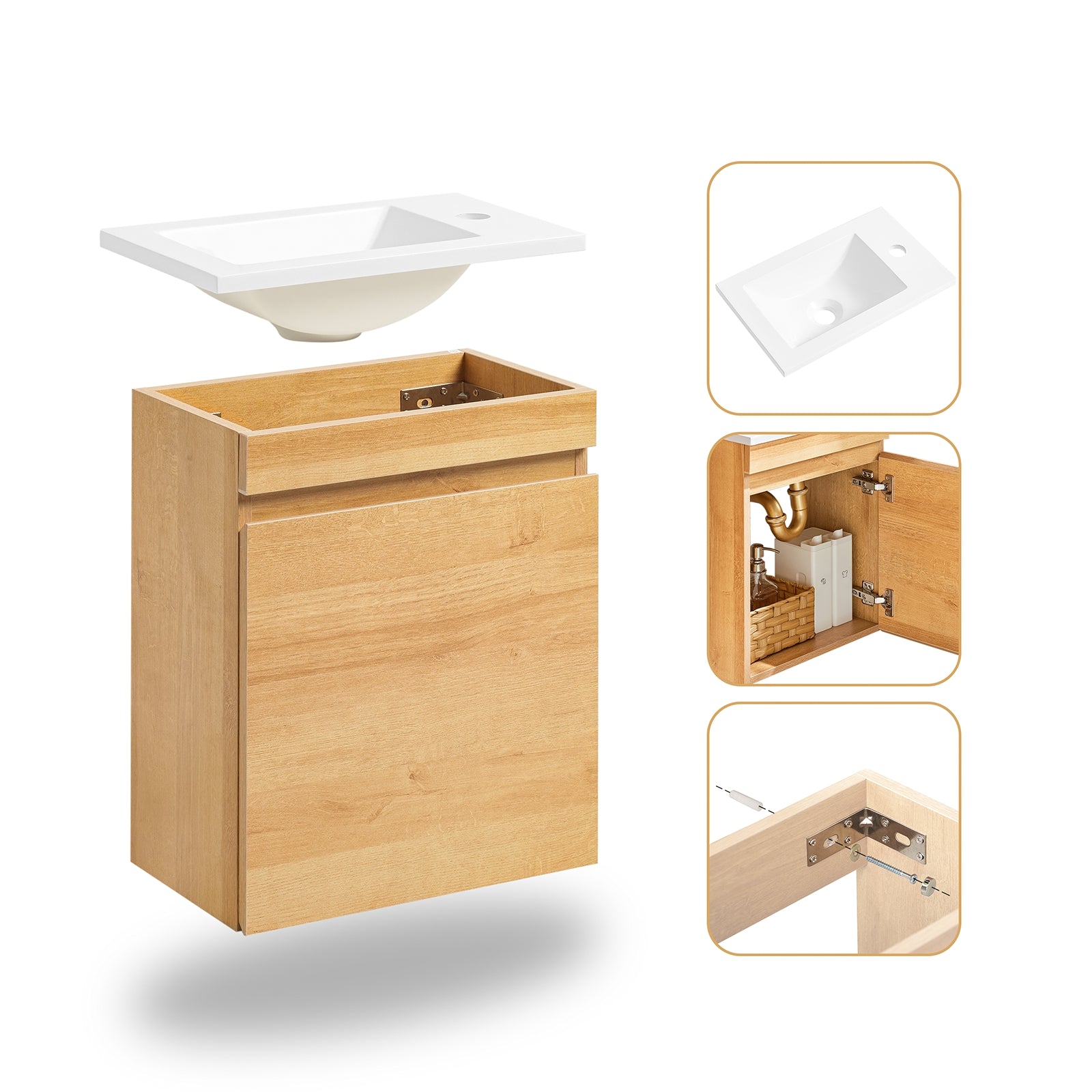 Mobili da bagno sospeso Mobile lavabo con 1 anta Naturale 41x25x52cm BZR169-N
