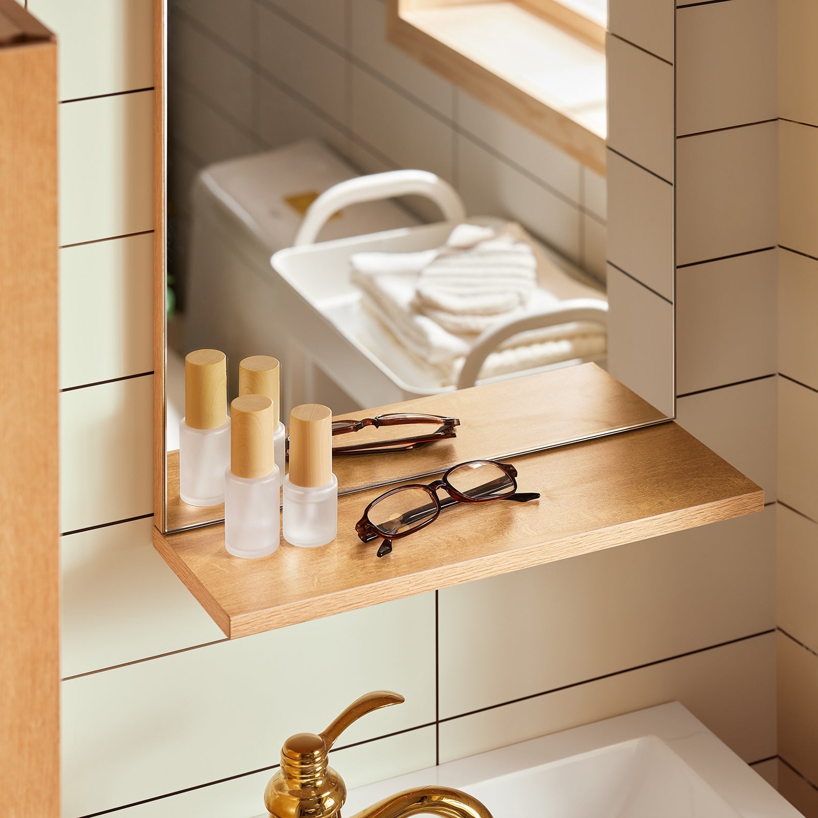 Set arredo da bagno Specchio a parete+ Mobile lavabo Naturale BZR169-SET