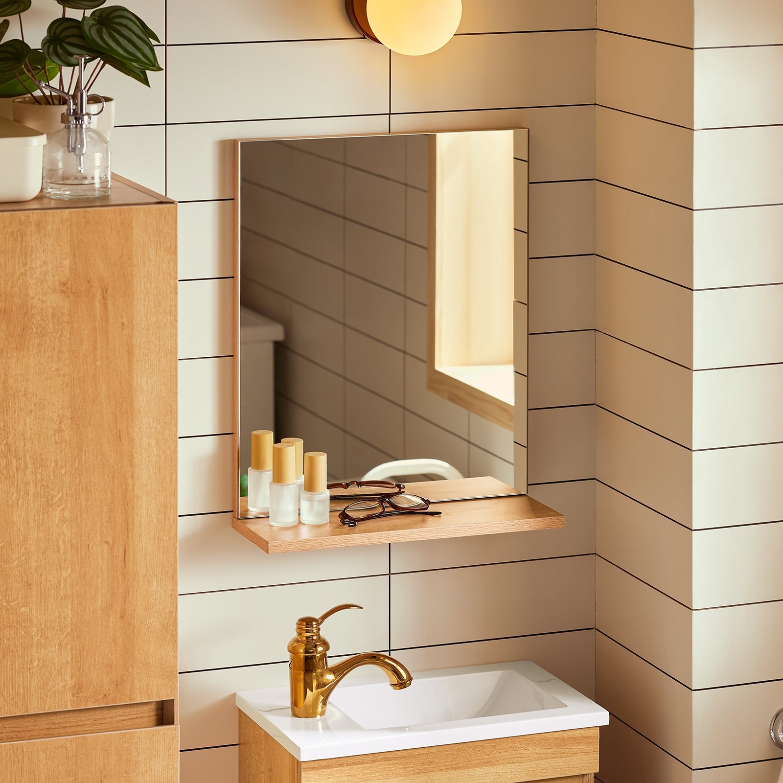 Set arredo da bagno Specchio a parete+ Mobile lavabo Naturale BZR169-SET