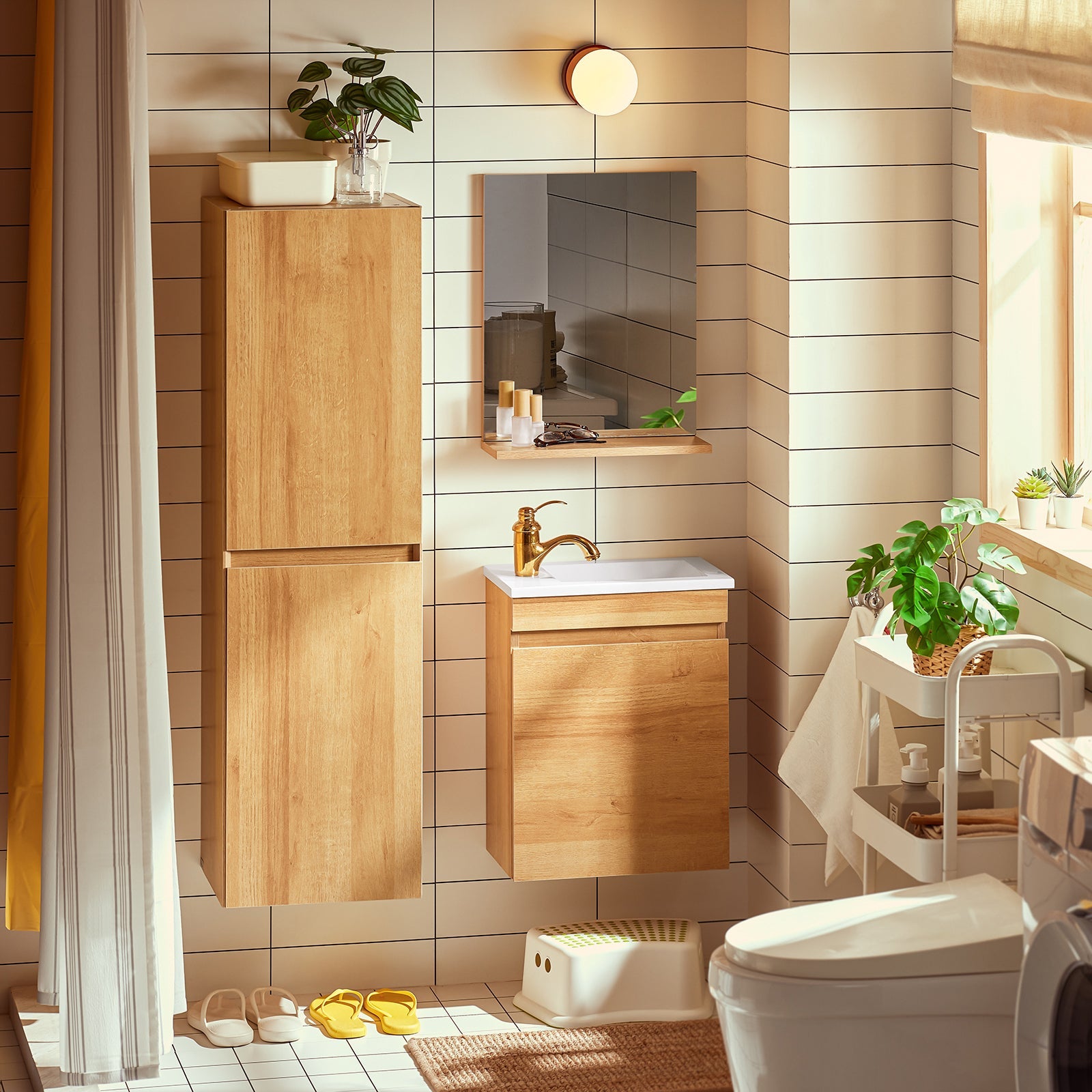 Set arredo da bagno Specchio a parete+ Mobile lavabo Naturale BZR169-SET