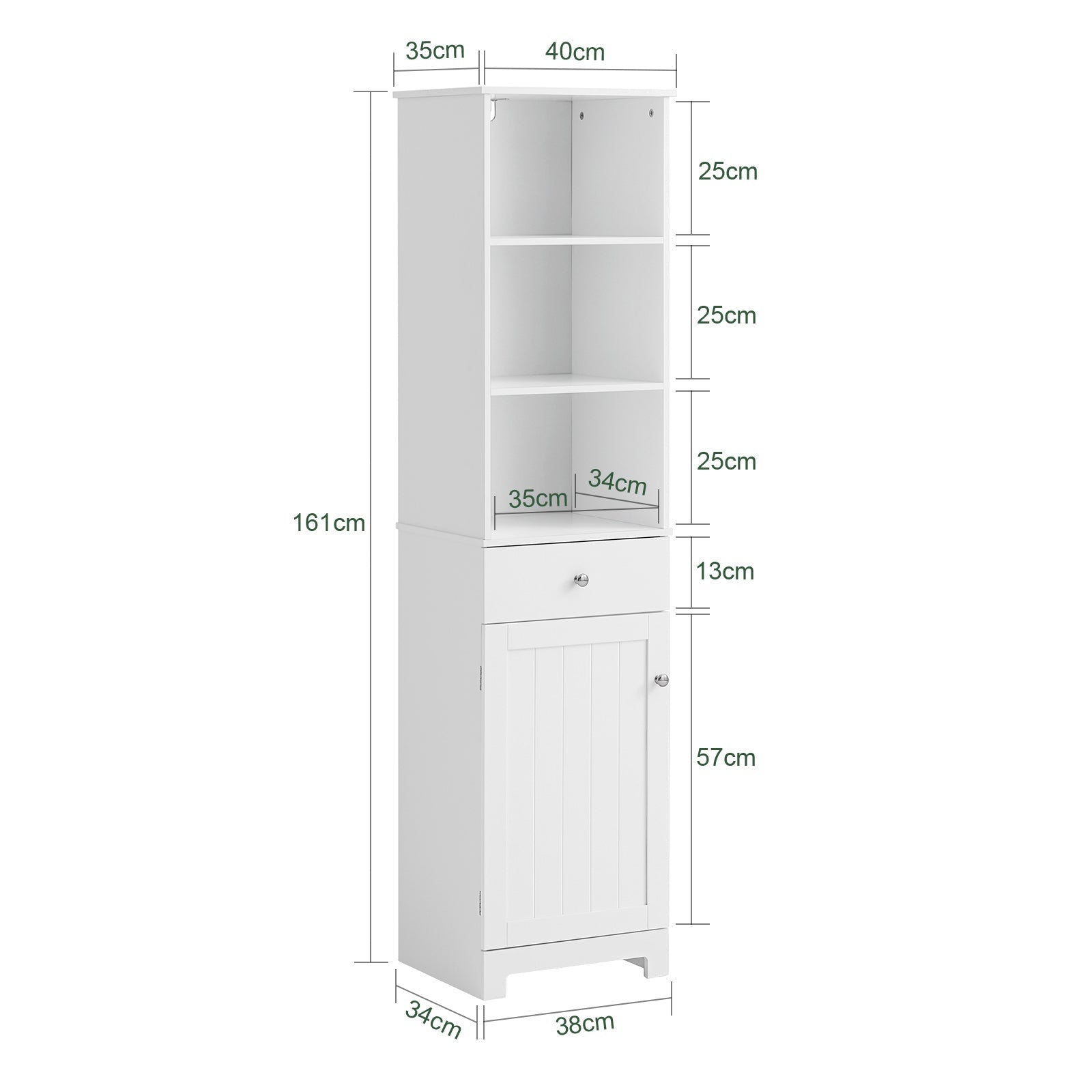 Mobile Alto Colonna Bagno salvasapzio con cassetto e armadietto L40*P35*A161cm Bianco BZR17-W