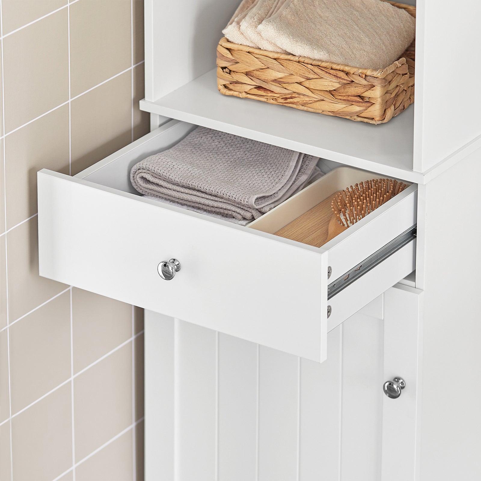 Mobile Alto Colonna Bagno salvasapzio con cassetto e armadietto L40*P35*A161cm Bianco BZR17-W