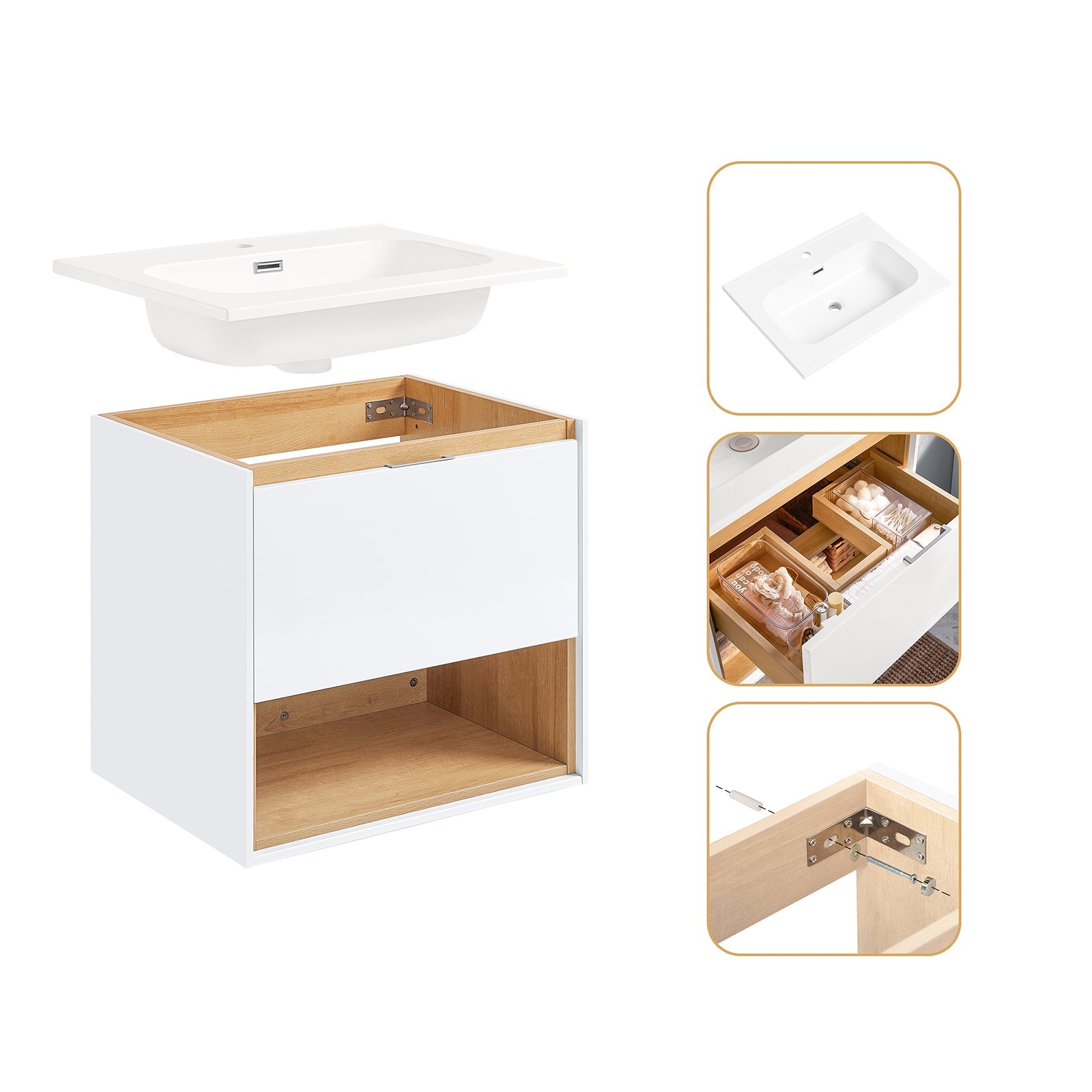 Mobili da bagno sospeso Mobile lavabo con 1 cassetto Bianco-Naturale 61x46x59 cm BZR171-N