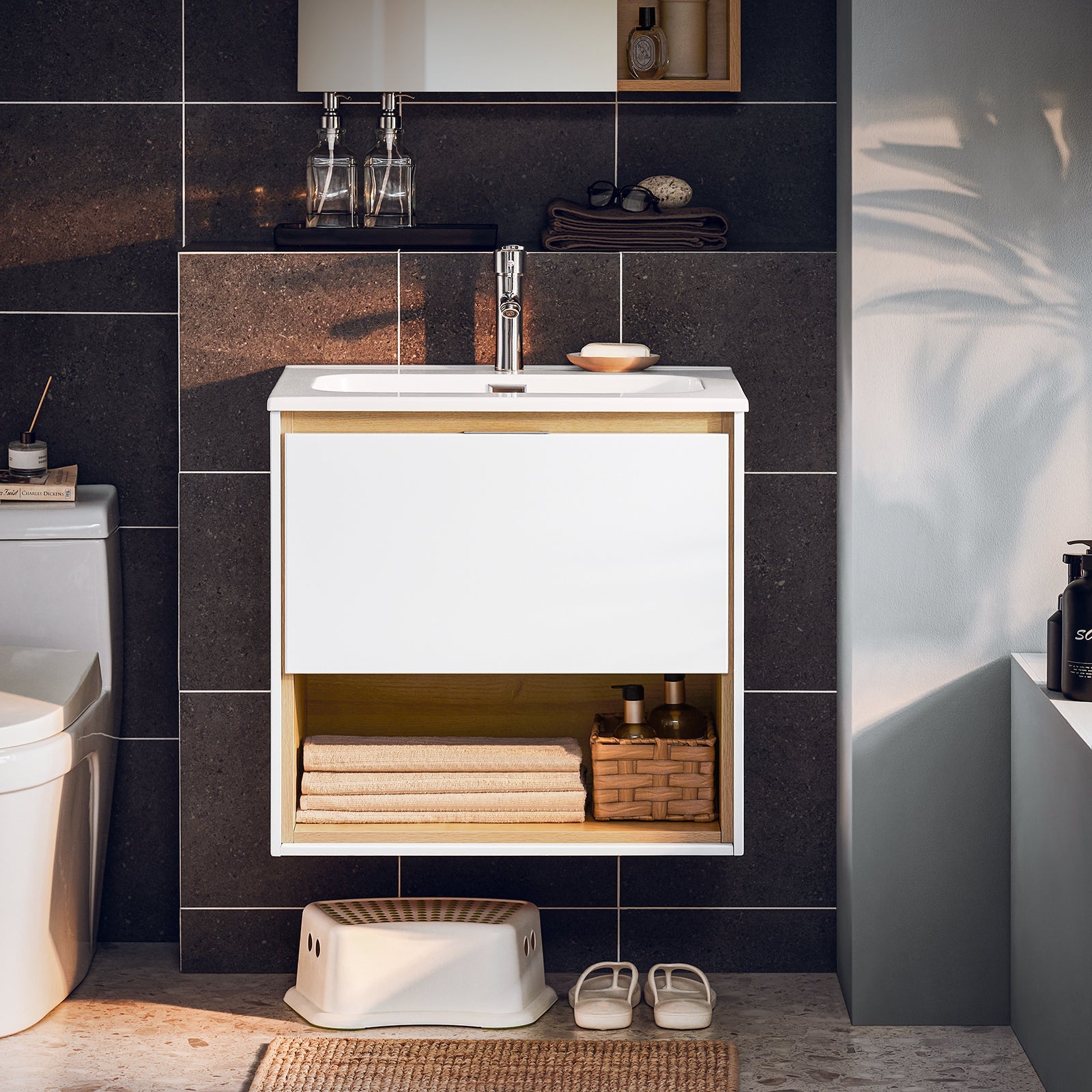 Mobili da bagno sospeso Mobile lavabo con 1 cassetto Bianco-Naturale 61x46x59 cm BZR171-N