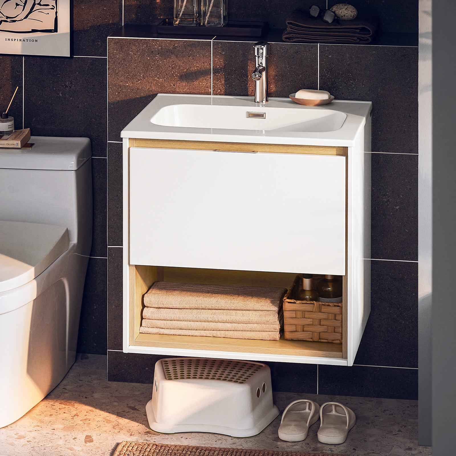 Mobili da bagno sospeso Mobile lavabo con 1 cassetto Bianco-Naturale 61x46x59 cm BZR171-N