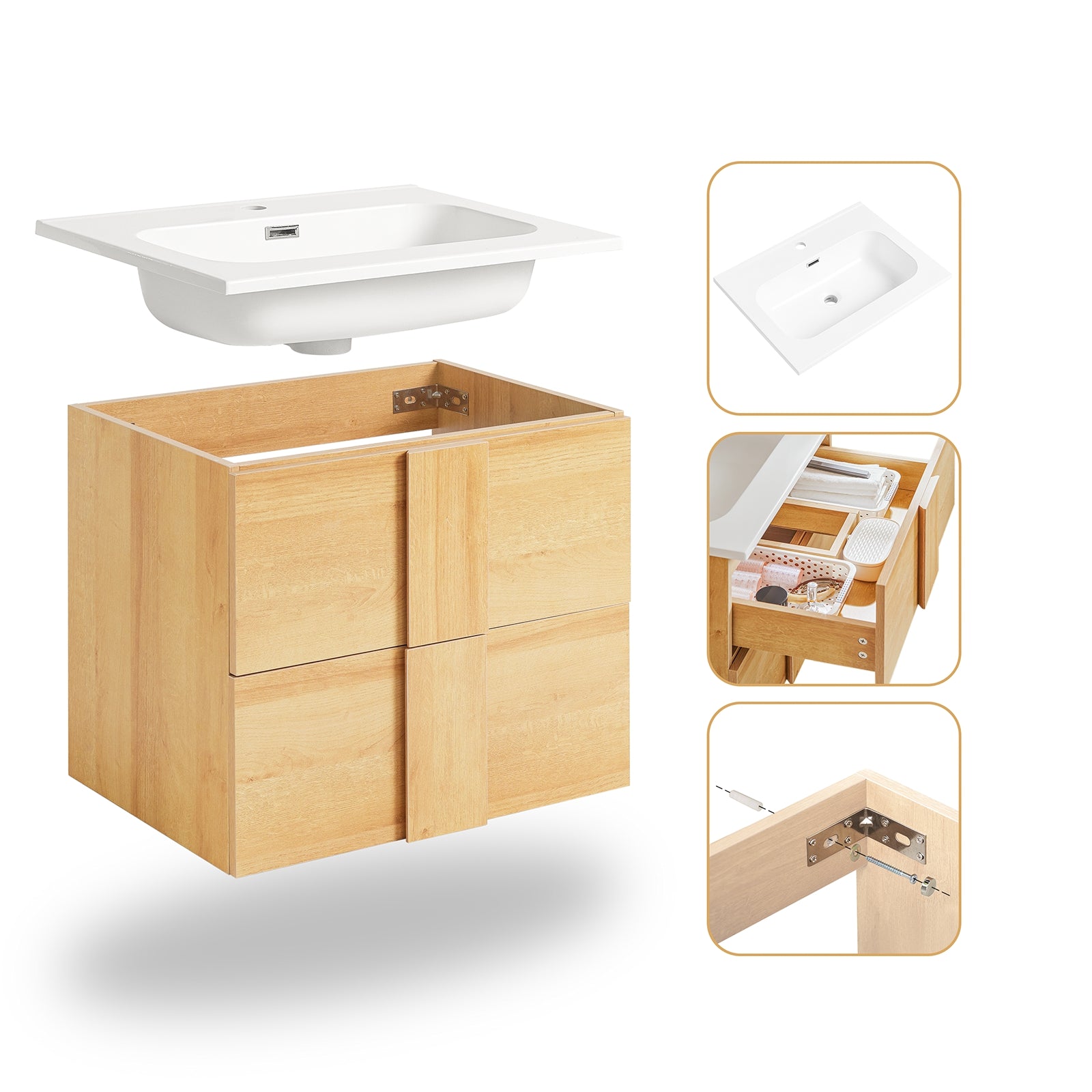 SoBuy Mobile base per lavabo con due cassetti Mobile da bagno Naturale 61x46x54cm BZR172-N