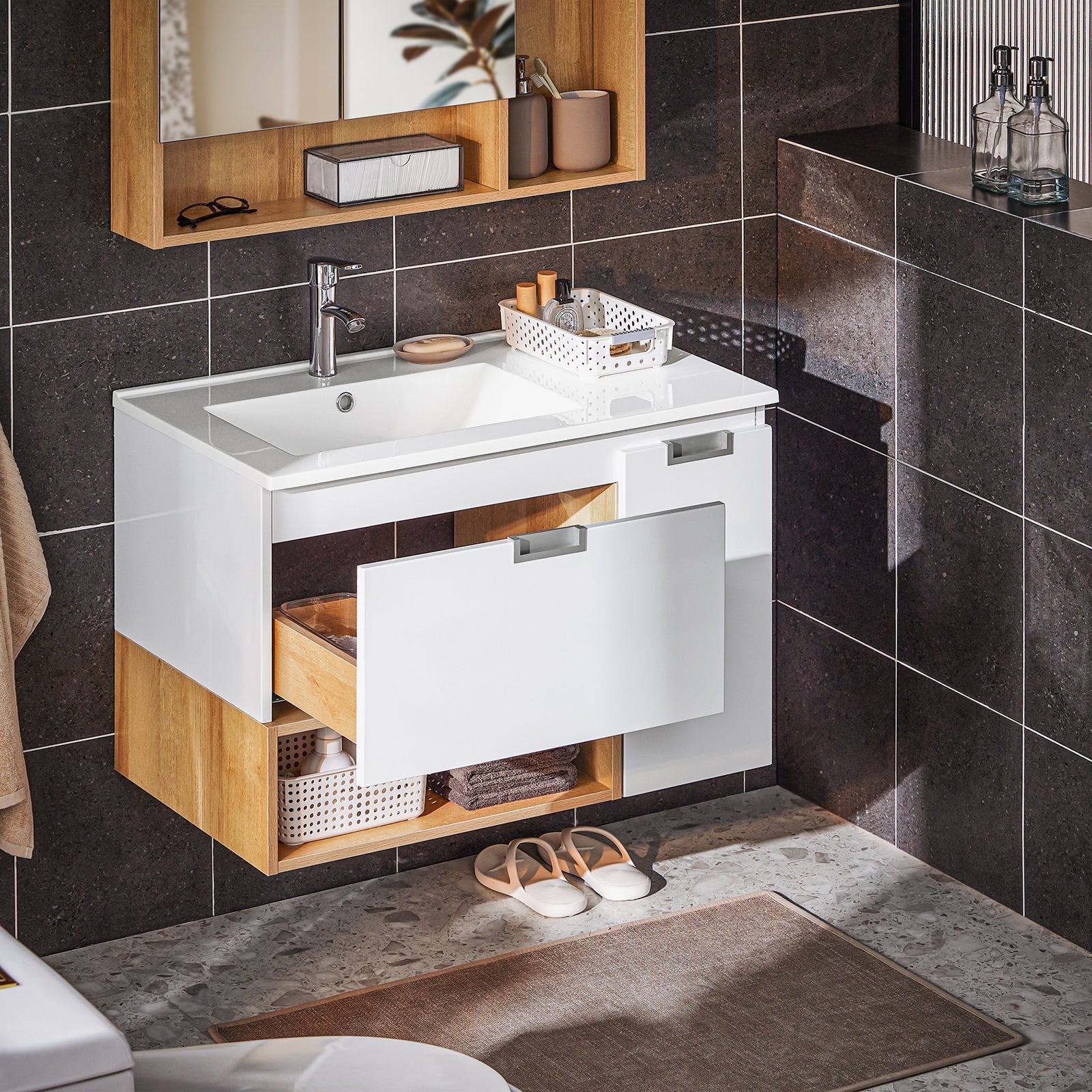 Mobile base per lavabo con 1 cassetto e 1 anta Mobile da bagno Bianco-Naturale 80x46x54cm BZR178-WN