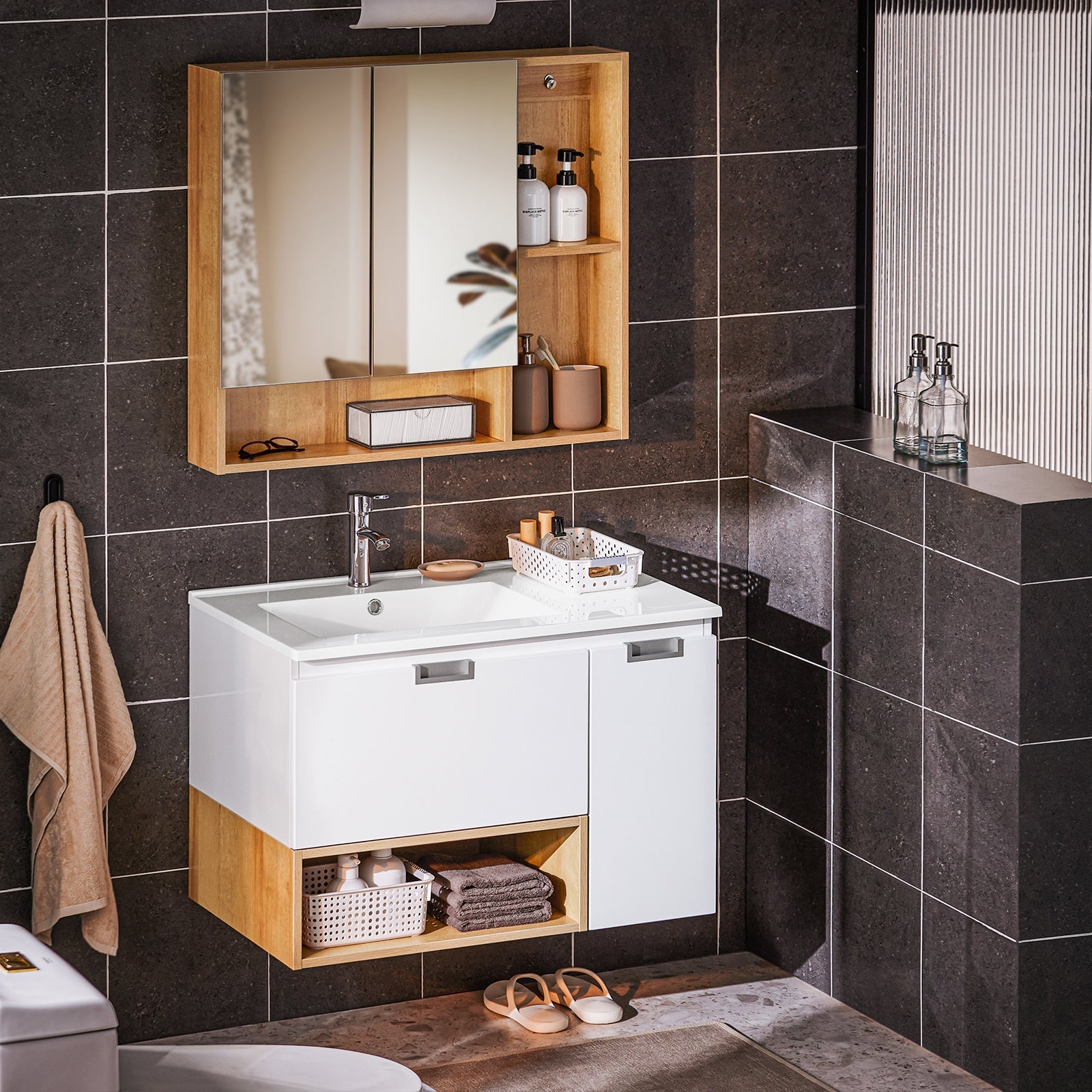 Mobile base per lavabo con 1 cassetto e 1 anta Mobile da bagno Bianco-Naturale 80x46x54cm BZR178-WN