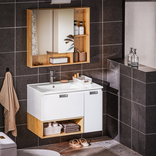 Mobile base per lavabo con 1 cassetto e 1 anta Mobile da bagno Bianco-Naturale 80x46x54cm BZR178-WN