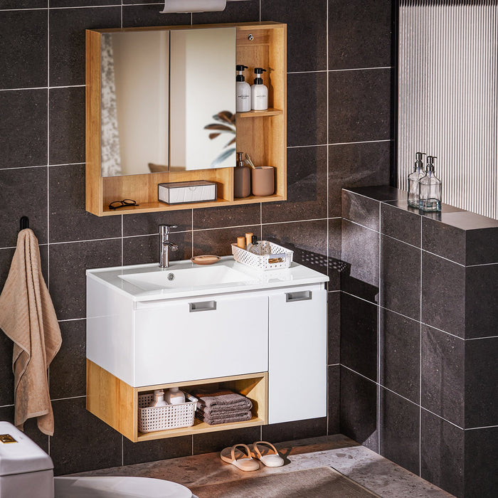 Mobile base per lavabo con 1 cassetto e 1 anta Mobile da bagno Bianco-Naturale 80x46x54cm BZR178-WN
