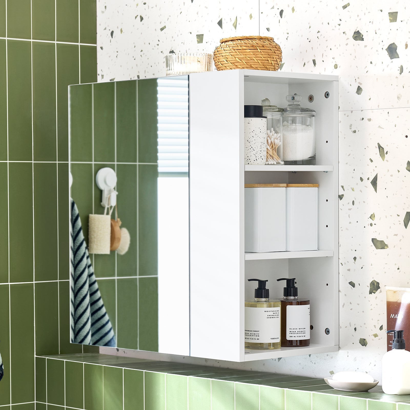 SoBuy Pensile Mobiletto a specchio Mobiletto portaoggetti con scomparti aperti Bianco 57x30x61 cm BZR184-W