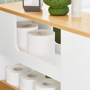 SoBuy Carrellino Salvaspazio Mobile Bagno con Rotelle Porta Carta Igienica e Scopino Bianco-Naturale 20x60x71cm BZR190-WN