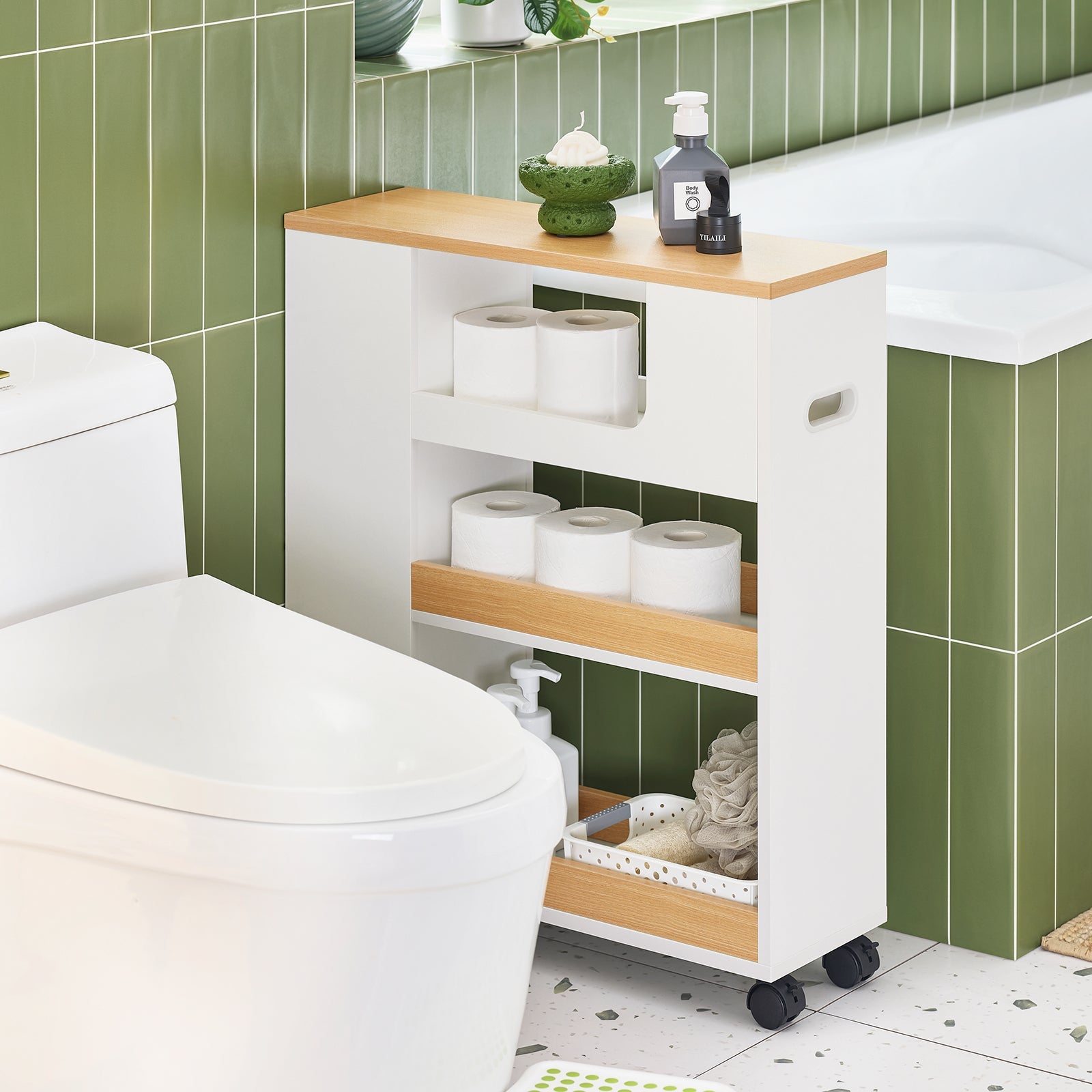 SoBuy Carrellino Salvaspazio Mobile Bagno con Rotelle Porta Carta Igienica e Scopino Bianco-Naturale 20x60x71cm BZR190-WN