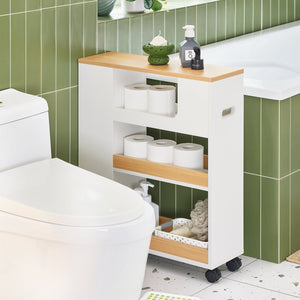 SoBuy Carrellino Salvaspazio Mobile Bagno con Rotelle Porta Carta Igienica e Scopino Bianco-Naturale 20x60x71cm BZR190-WN