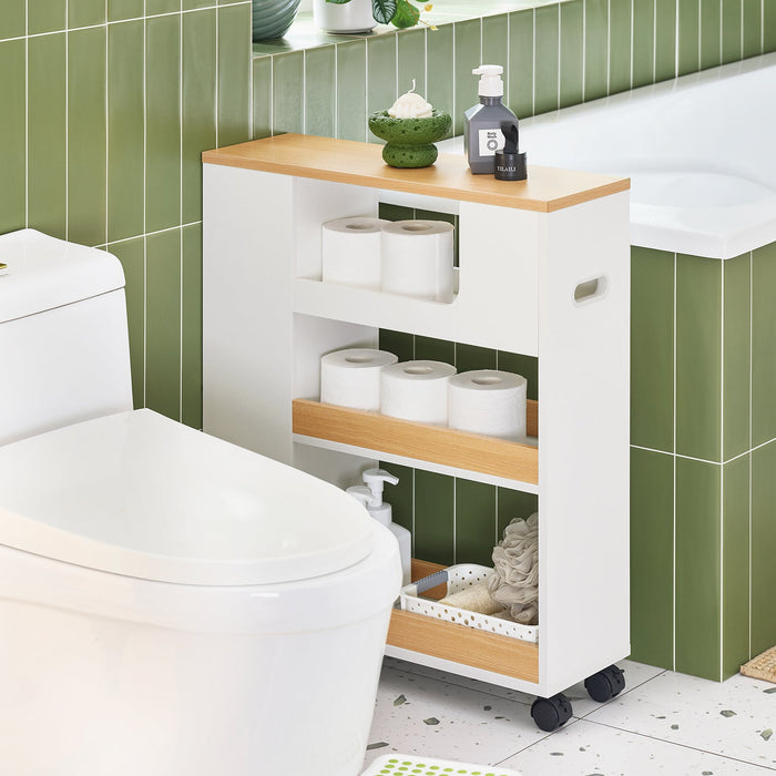 SoBuy Carrellino Salvaspazio Mobile Bagno con Rotelle Porta Carta Igienica e Scopino Bianco-Naturale 20x60x71cm BZR190-WN