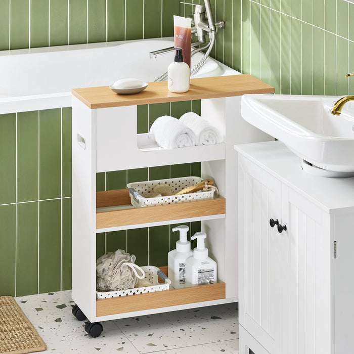 SoBuy Carrellino Salvaspazio Mobile Bagno con Rotelle Porta Carta Igienica e Scopino Bianco-Naturale 20x60x71cm BZR190-WN