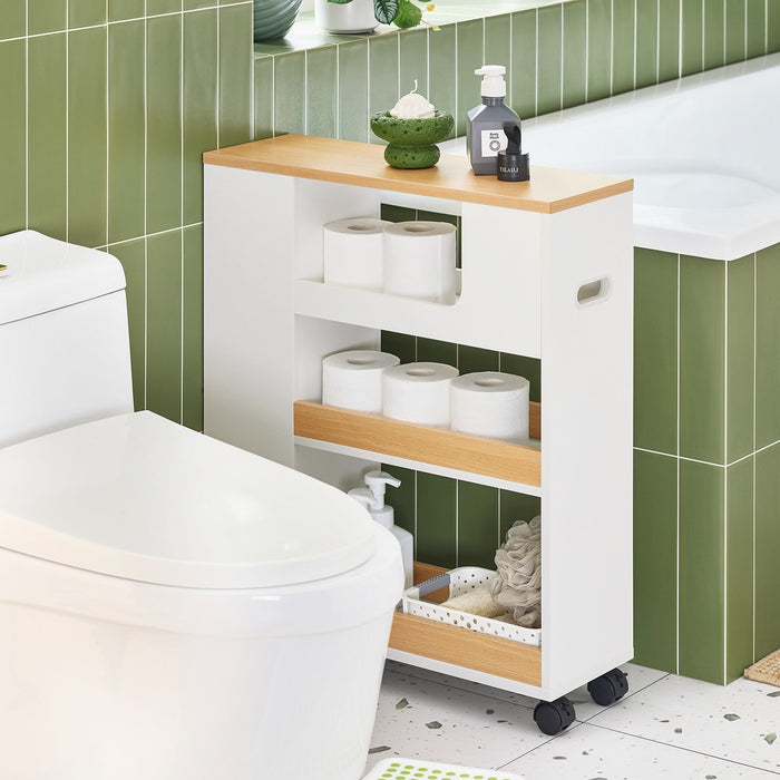 SoBuy Mobiletto Bagno Salvaspazio con Ruote Colonna Stretto 3 Ripiani con Uscita Carta, Scomparto Porta Scopino Armadietto Lavanderia per WC Bianco Legno 60x20x71cm BZR190-WN