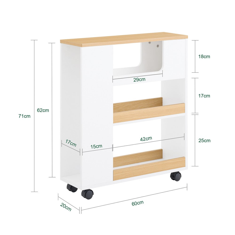 SoBuy Mobiletto Bagno Salvaspazio con Ruote Colonna Stretto 3 Ripiani con Uscita Carta, Scomparto Porta Scopino Armadietto Lavanderia per WC Bianco Legno 60x20x71cm BZR190-WN